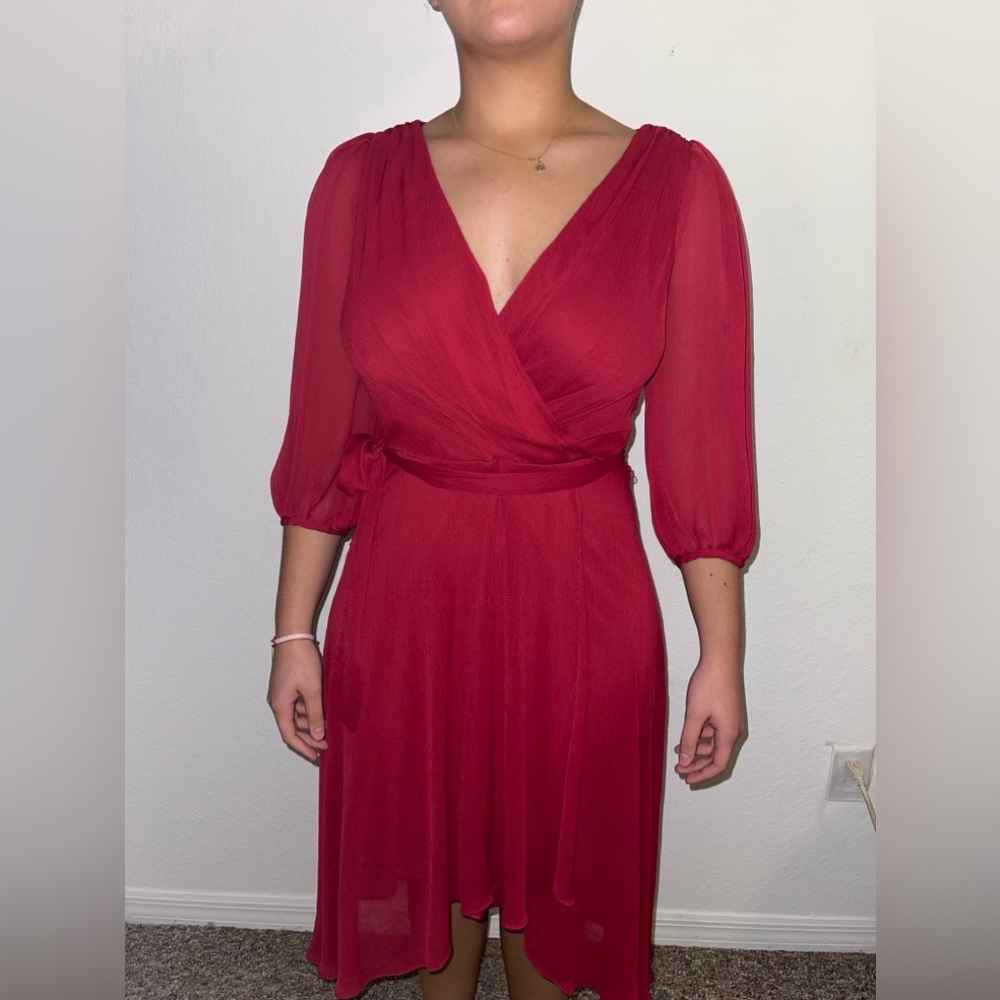 Chaps Red V-Neck Midi Dress 3/4 Sleeve Size 12 Elegant Workwear Summer Wedding